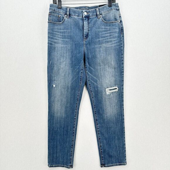 Chicos Jeans 1 US 8 So Slimming Girlfriend Ankle Stretch Blue Denim Distress NEW - Picture 1 of 11
